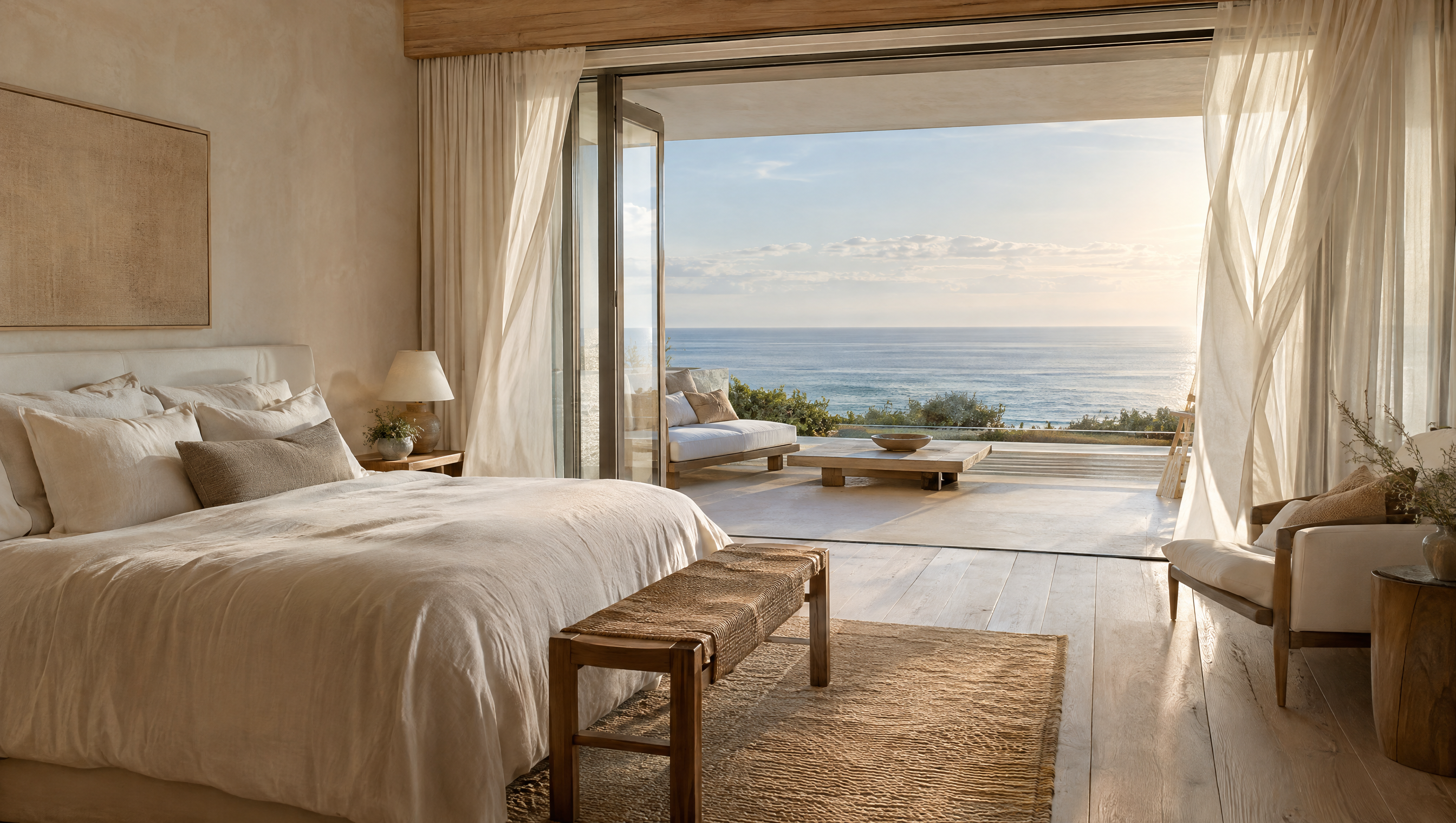 Beach-house bedroom suite opening onto an ocean-view terrace
