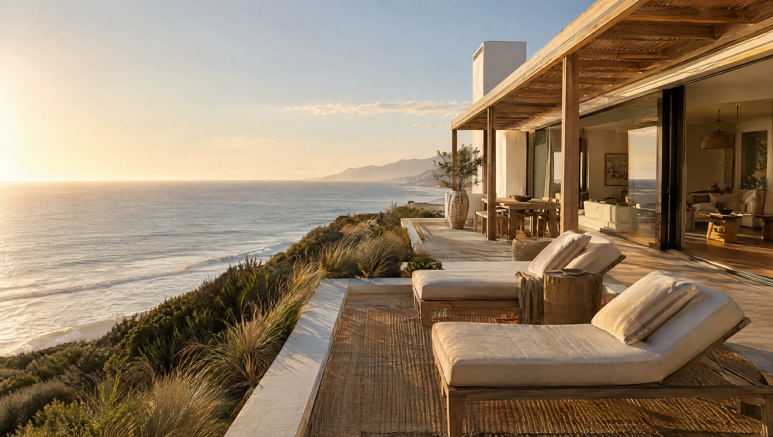 Coastal vacation villa terrace with linen loungers above the ocean at sunset