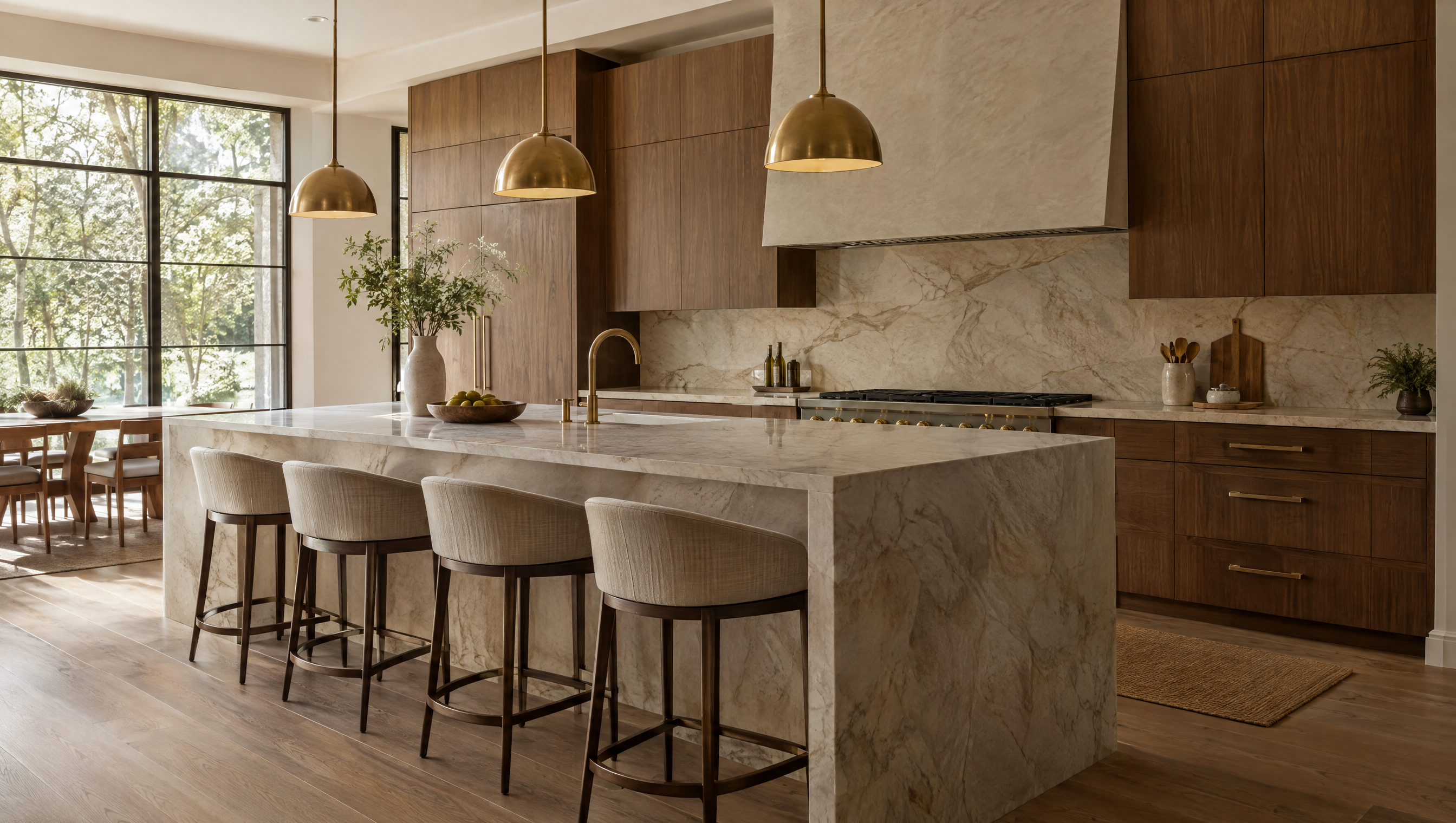 Marble waterfall island and walnut cabinetry in a light-filled kitchen