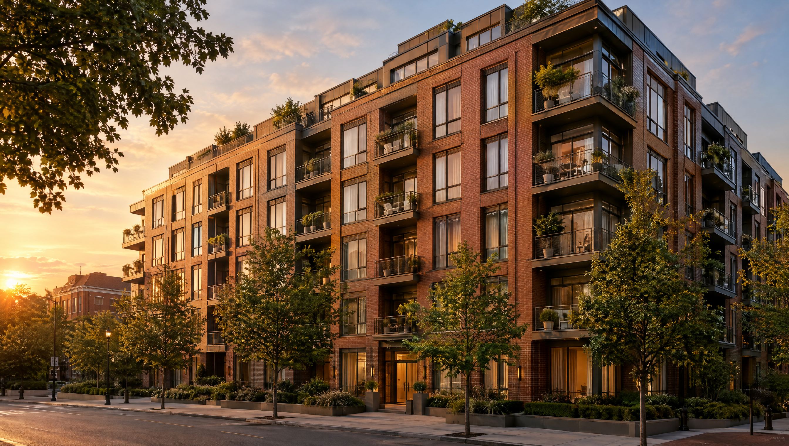 Brick mid-rise apartment building with planted balconies in golden-hour light