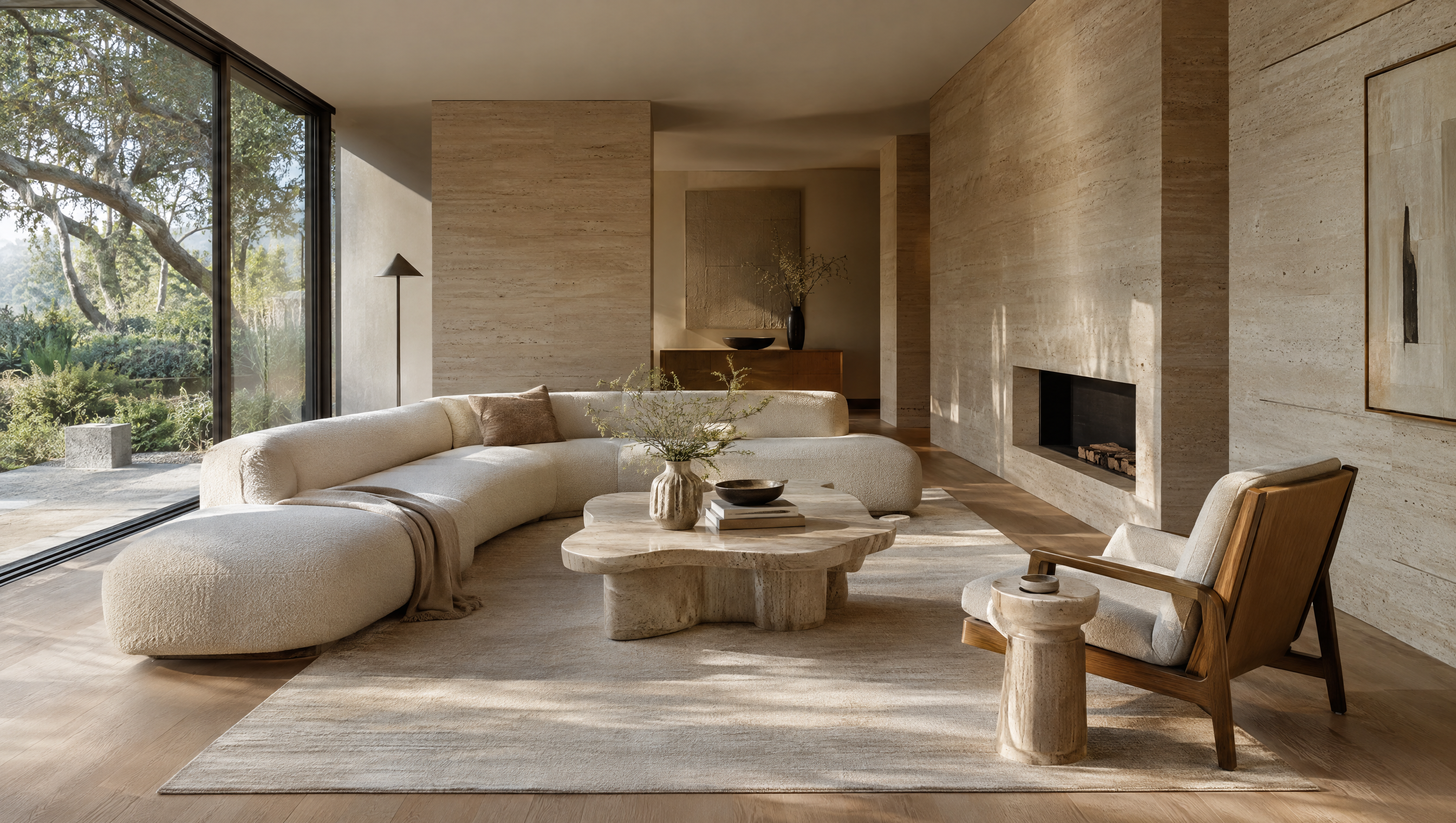 Minimalist living room with travertine walls, a curved boucle sofa and garden views