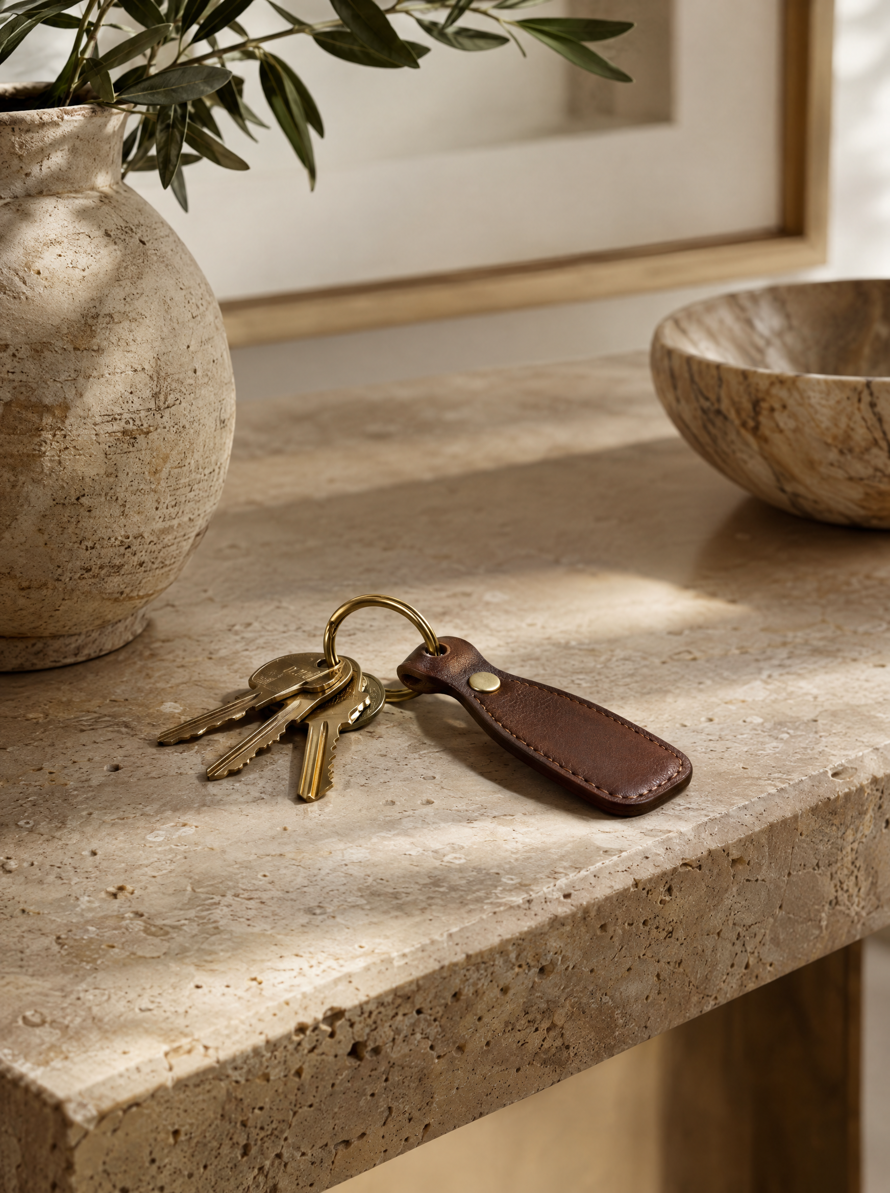 Brass house keys on a leather fob resting on a travertine console